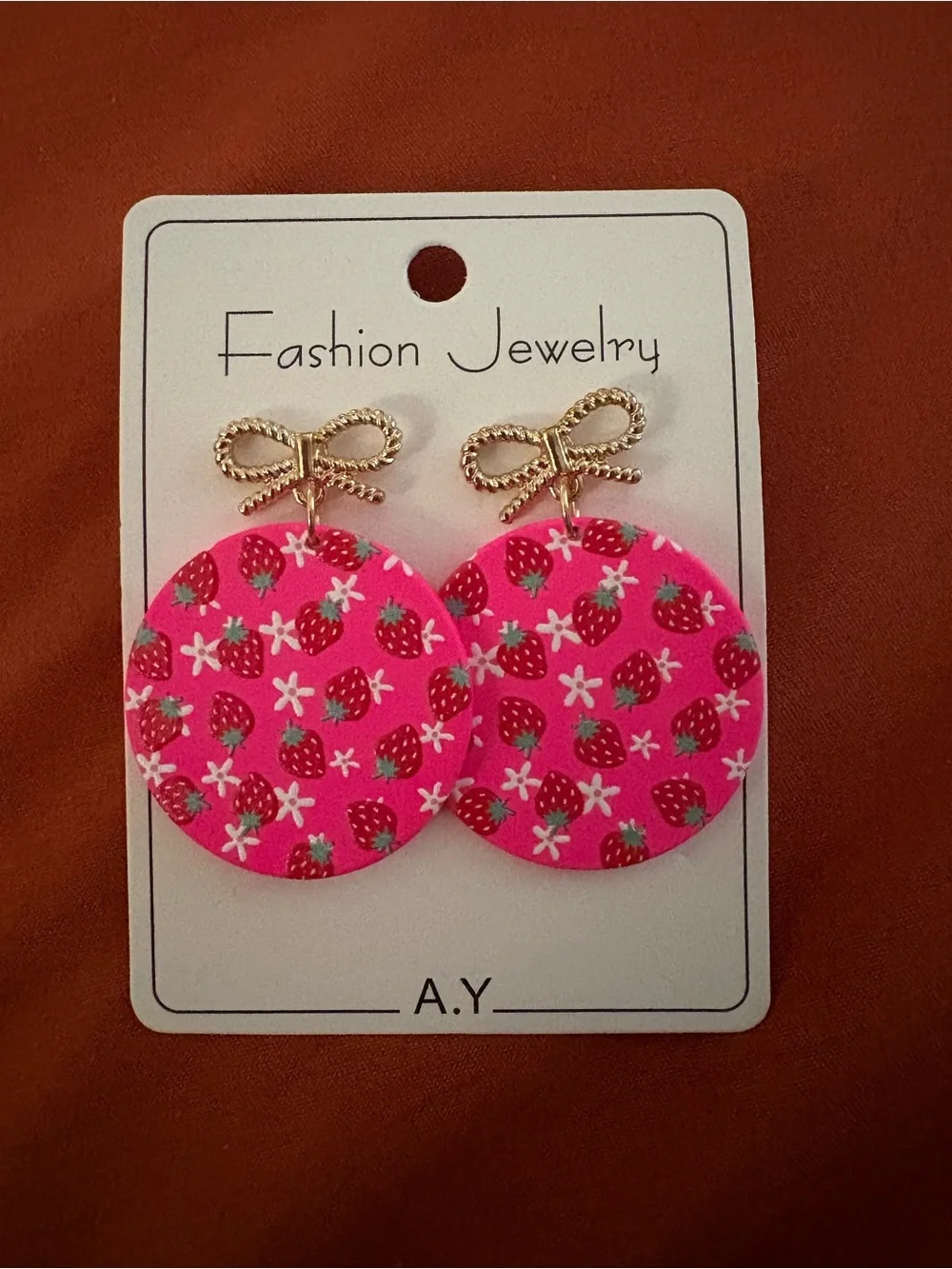 A.Y Pink Strawberry Print Round Dangle Earrings with Gold Bow